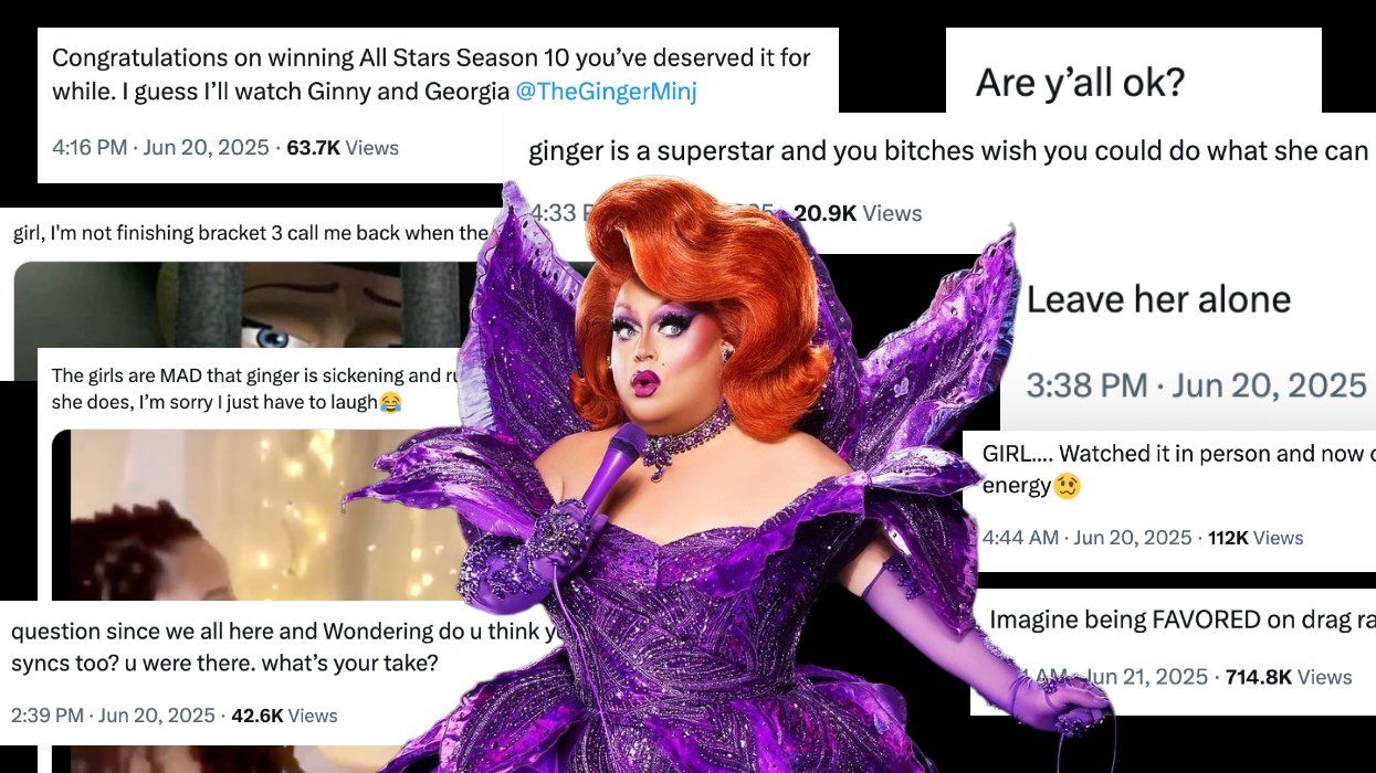 Ginger Minj in promo image for RuPaul's Drag Race All Stars 10; art made by Out.com