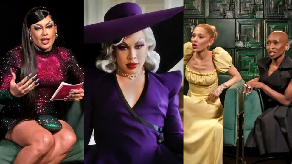 Gloria Groove in a Wicked interview; Gloria Groove in the music video for "Leil\u00e3o"; Ariana Grande and Cynthia Erivo in an interview for the Wicked movie