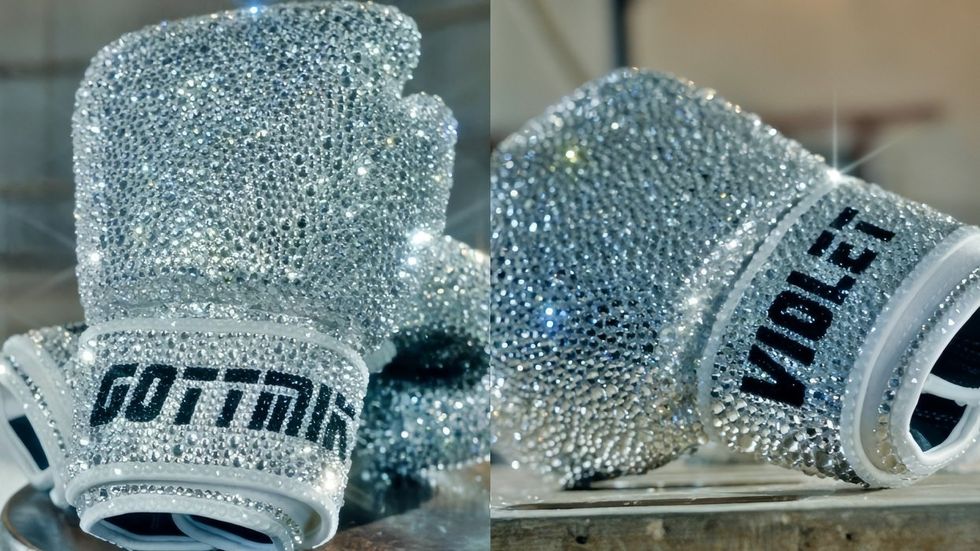 Gottmik and Violet Chachki's Swarovski crystal boxing gloves in the TKO music video