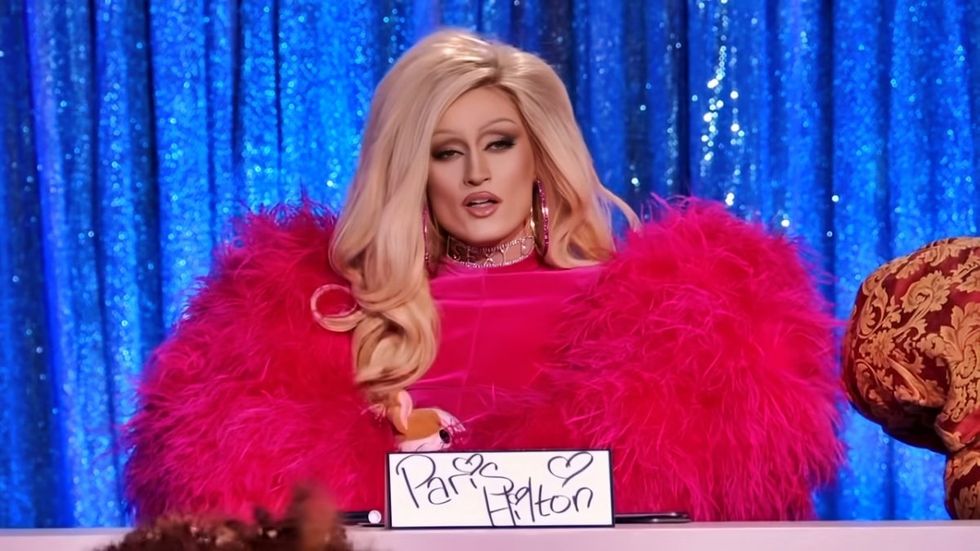 Gottmik as Paris Hilton in the Snatch Game of RuPaul's Drag Race season 13