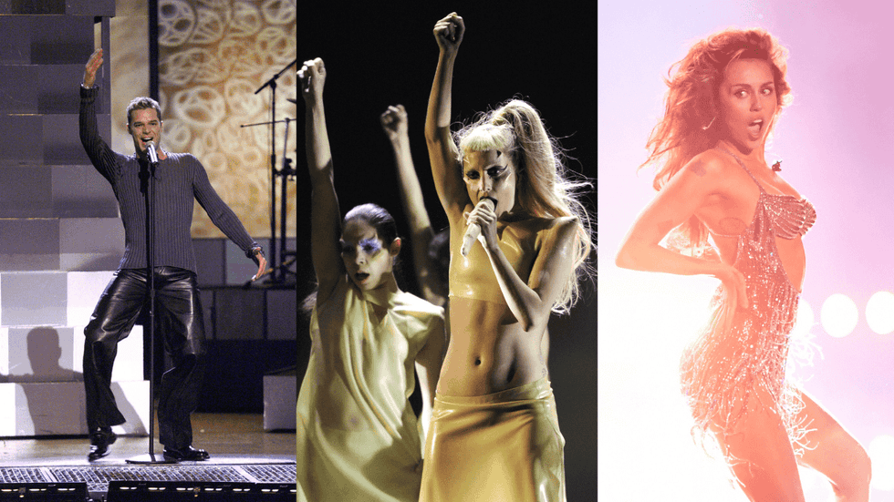 Grammy winner Ricky Martin performing on the 41st Annual Grammy Awards at the Shrine Auditorium in Los Angeles | Lady GaGa onstage during The 53rd Annual GRAMMY Awards held at Staples Center | Miley Cyrus performs on stage during the 66th Annual Grammy Awards at the Crypto.com Arena