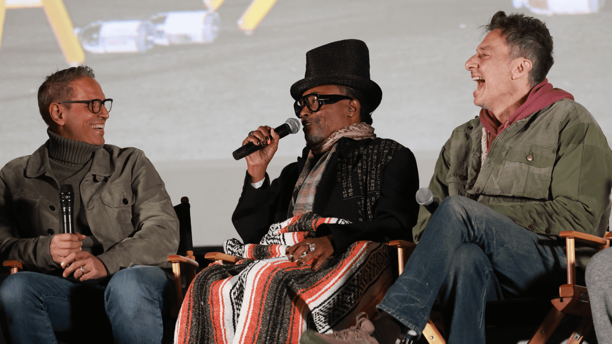 Greg Berlanti, Billy Porter, and Zach Braff speak and laugh during The Broken Hearts Club 25th anniversary panel in West Hollywood