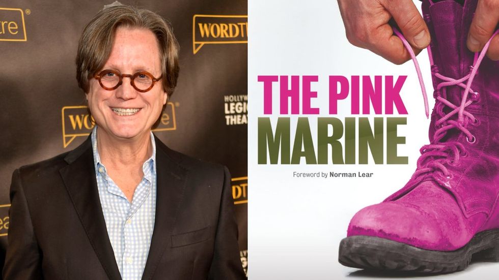 Greg Cope White at an event at the Hollywood Legion Theater in Los Angeles, California; The cover art of The Pink Marine memoir by Greg Cope White