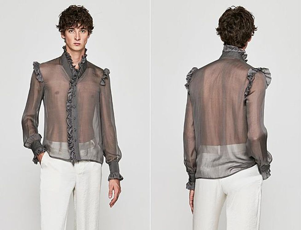 Grey Silk Ruffled Shirt around $600