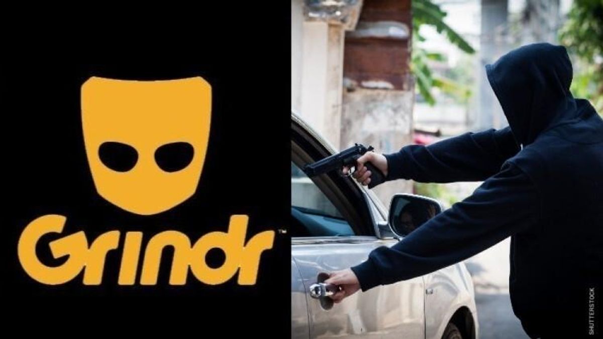 Grindr logo and a car jacking. 