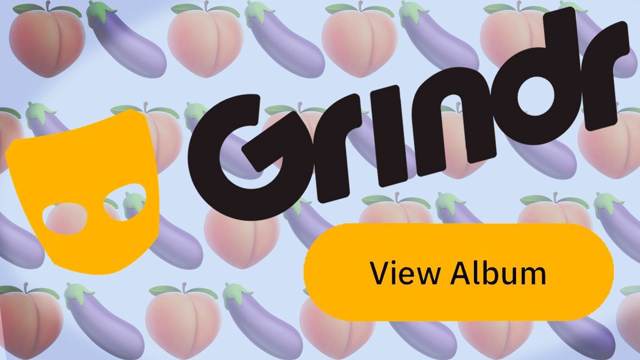Grindr logo and view album button on soft focus peach and eggplant emojis