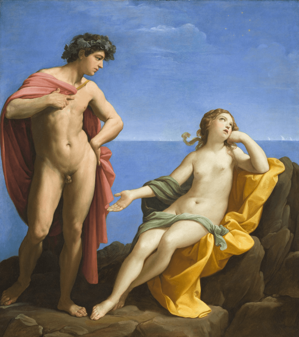 Guido Reni\u2019s Bacchus and Ariadne, depicting a nude Bacchus standing beside a partially draped Ariadne against a blue seascape.