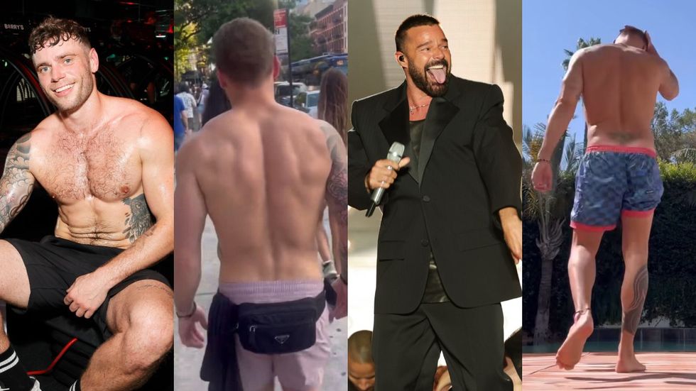 Gus Kenworthy shirtless; Ricky Martin performing and shirtless