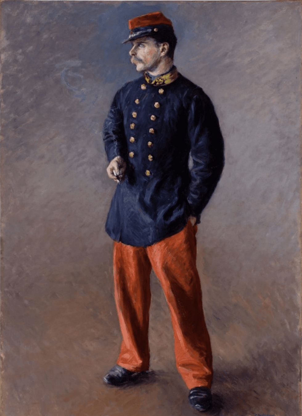 Gustave Caillebotte\u2019s A soldier, depicting a mustached soldier standing in a dark blue military jacket, red trousers, and cap while holding a cigarette.