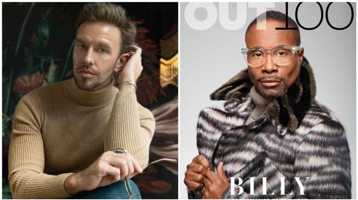 handsome white man holding glasses next to black man in fur on cover of out magazine