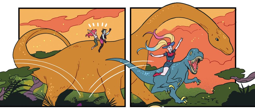 harley quinn, poison ivy, and crush riding on dinosaurs