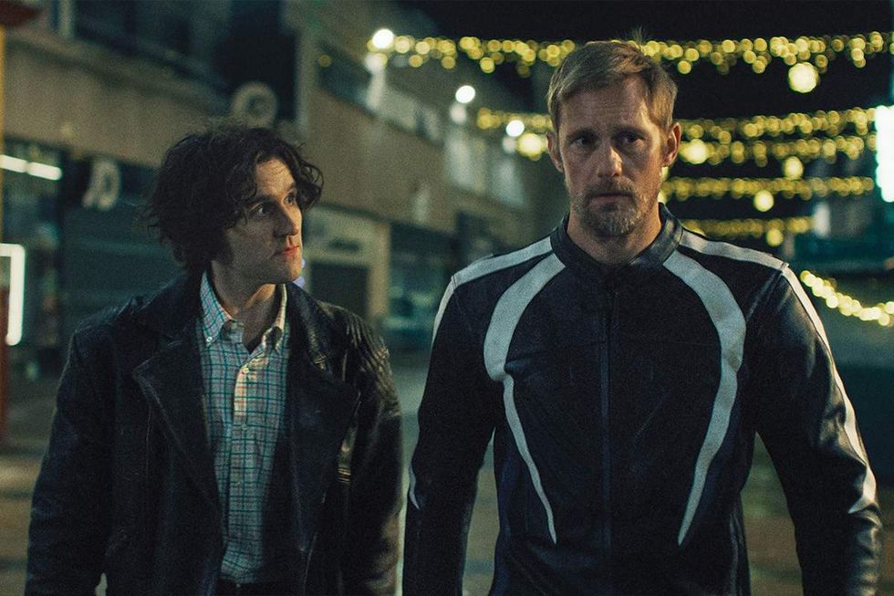 Harry Melling and Alexander Skarsgard in a scene from the movie Pillion