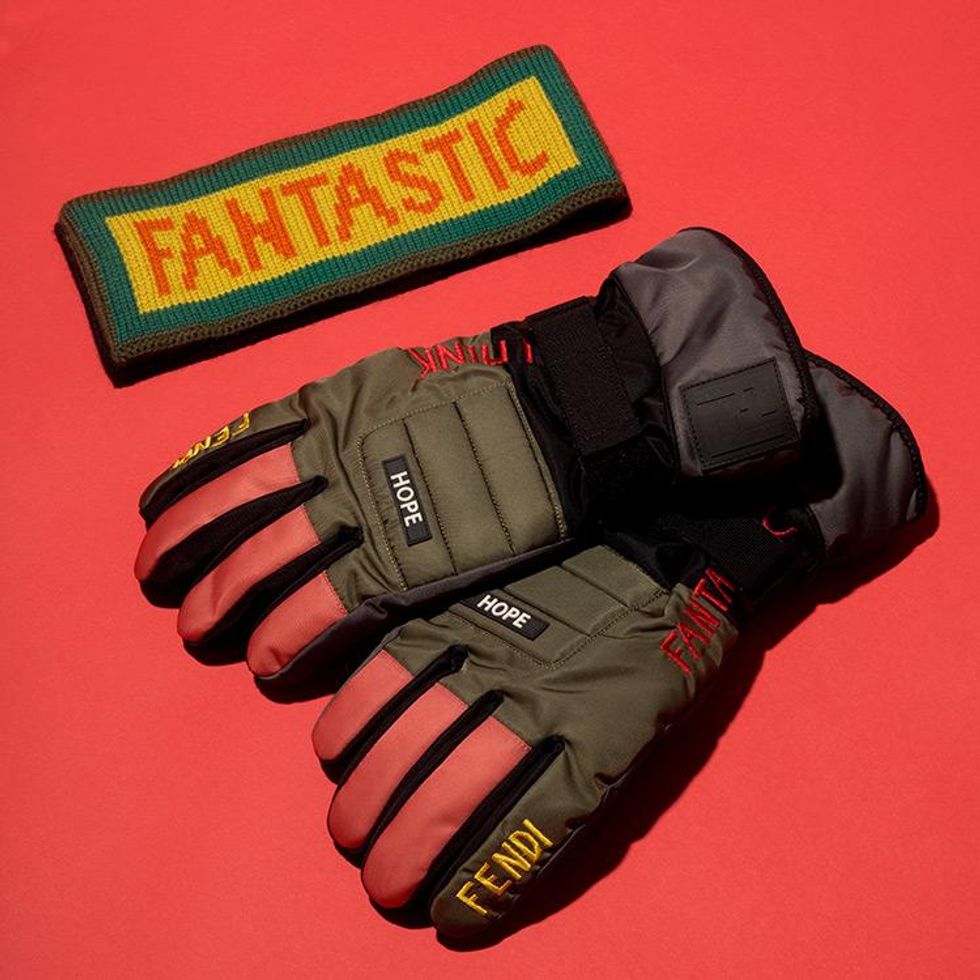 Headband, $150, and gloves, $550, by Fendi