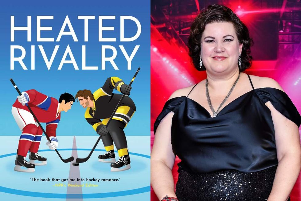 Heated Rivalry novel cover art; Rachel Reid at the premiere of Heated Rivalry season 1 at TIFF Lightbox on November 24, 2025 in Toronto, Ontario