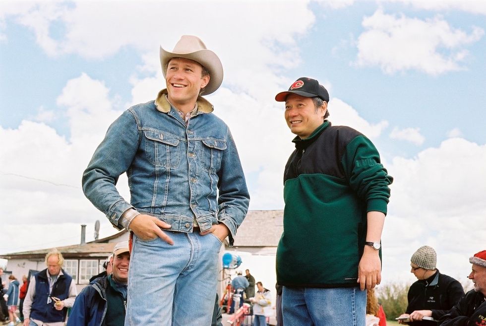 Heath Ledger and director Ang Lee on the set of Brokeback Mountain