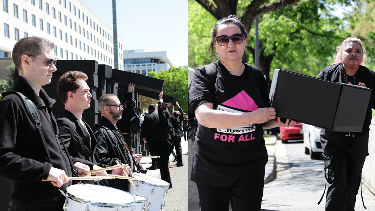 HIV and AIDS Activists hold coffin delivery to protest PEPFAR cuts at State Department building in Washington, D.C., April 17, 2025
