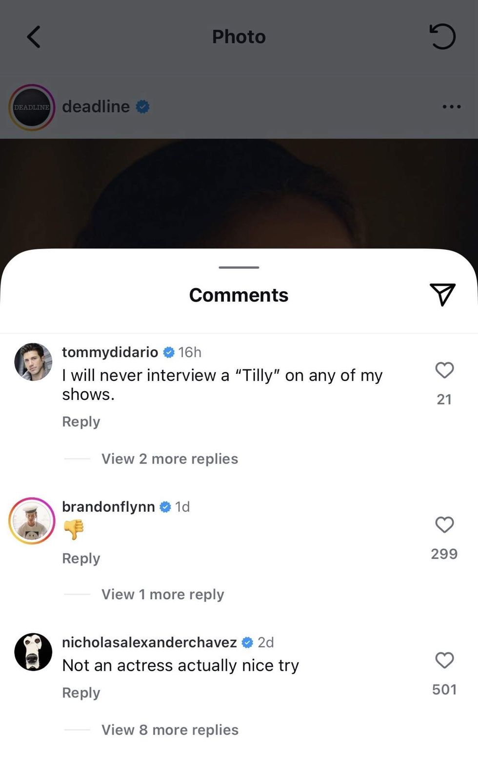 Hollywood stars have shared comments under the viral Instagram post reporting on this story