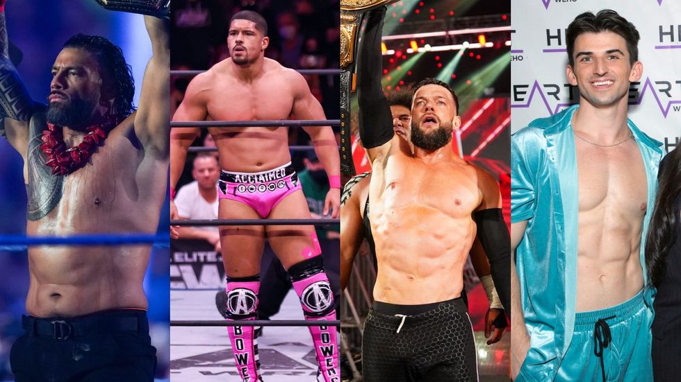 Hot, sexy, shirtless male professional wrestlers Roman Reigns, Anthony Bowens, Finn Balor, and Hunter Gallagher