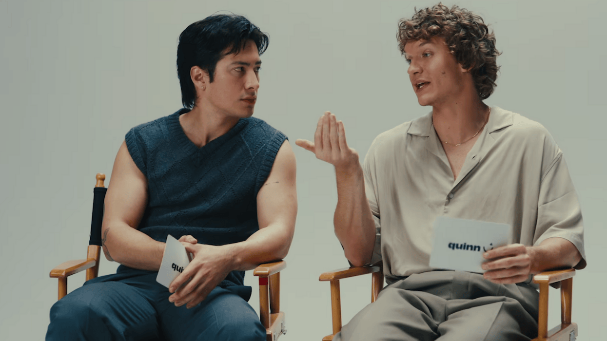 Hudson Williams and Connor Storrie being interviewed for Quinn