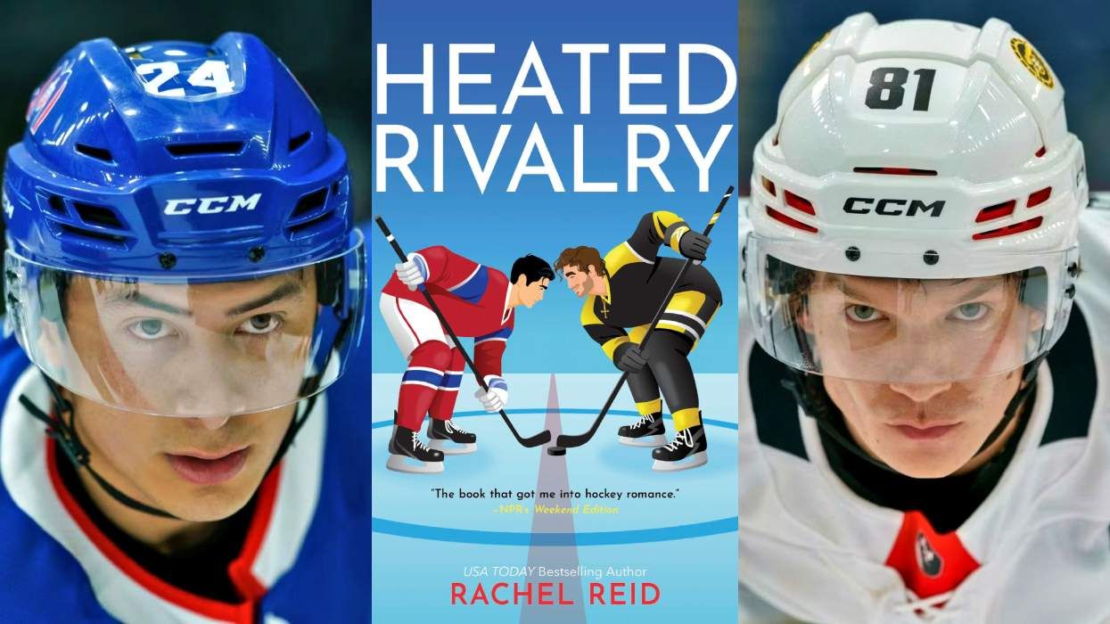 Hudson Williams as Shane Hollander and Connor Storrie as Ilya Rozanov on Heated Rivalry season 1; Heated Rivalry novel cover art.
