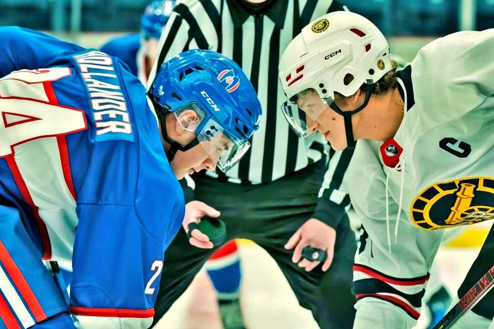 Hudson Williams as Shane Hollander and Connor Storrie as Ilya Rozanov on Heated Rivalry season 1