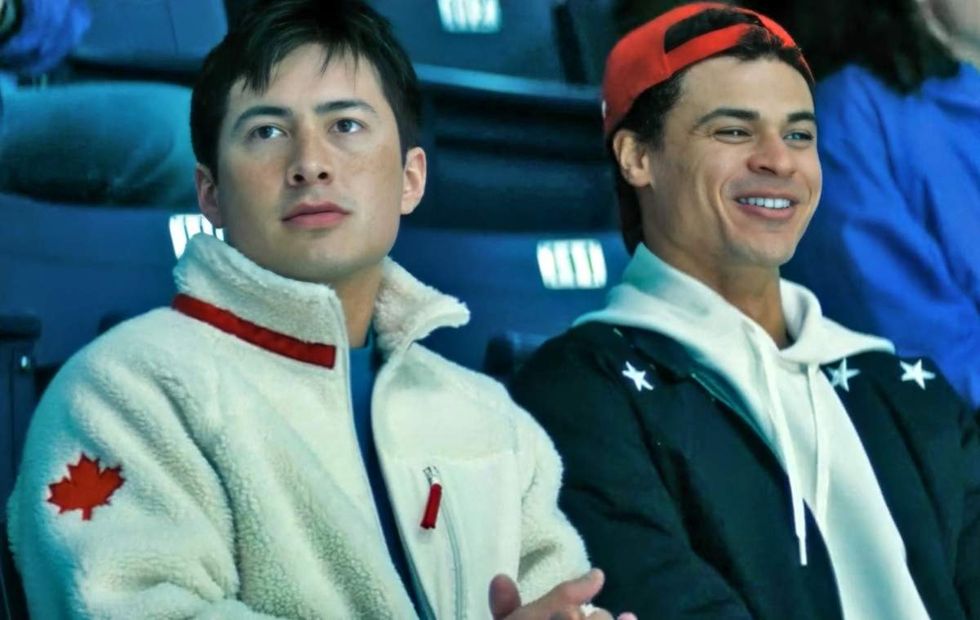 Hudson Williams as Shane Hollander and Kolton Stewart as Carter Vaughn on Heated Rivalry