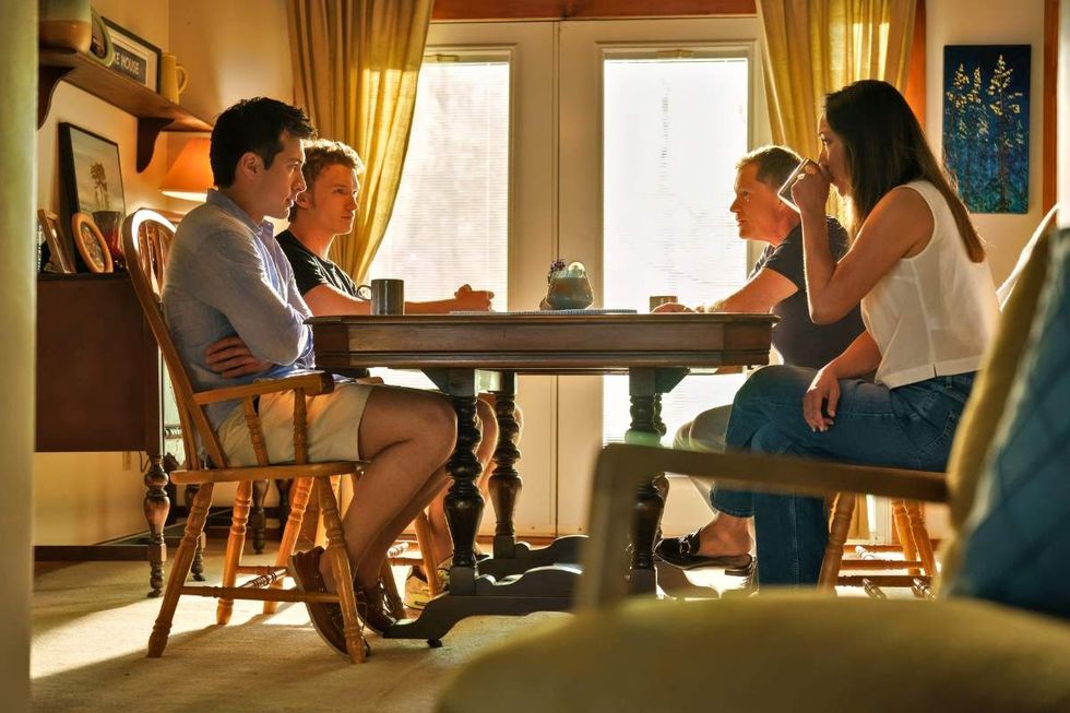 Hudson Williams as Shane Hollander, Connor Storrie as Ilya Rozanov, Dylan Walsh as David Hollander, and Christina Chang as Yuna Hollander on Heated Rivalry episode 6