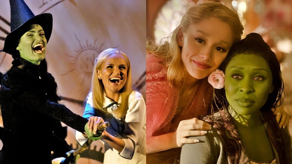 Idina Menzel and Kristin Chenoweth performing a number from the\u00a0Wicked\u00a0musical at the 2004 Tony Awards; Ariana Grande and Cynthia Erivo in the\u00a0Wicked\u00a0movie