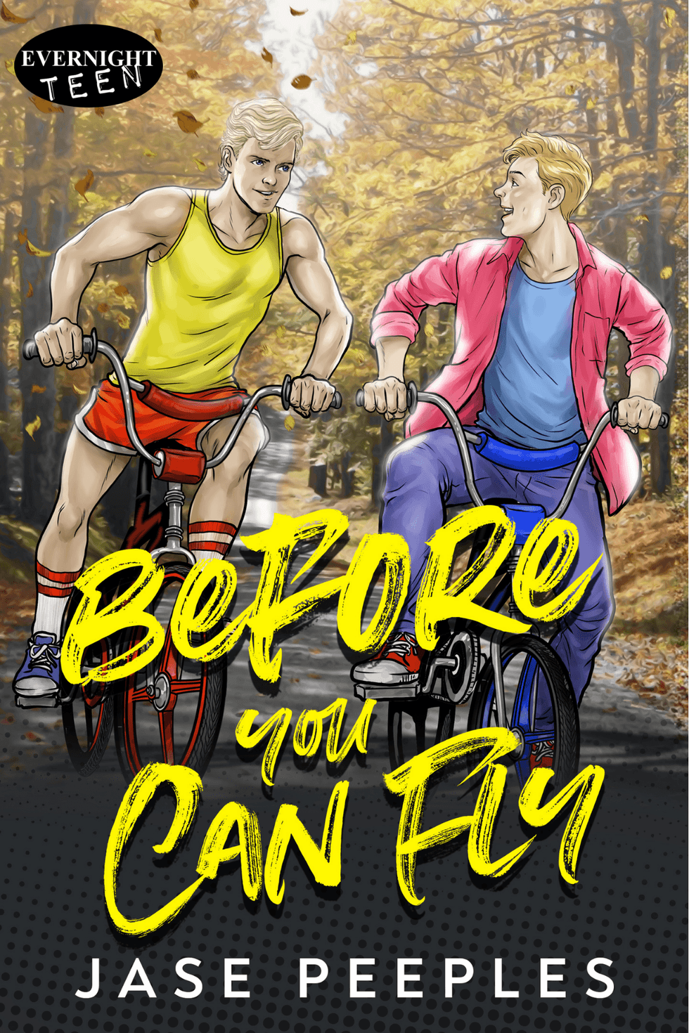 Illustrated cover art for Before You Can Fly by Jase Peeples featuring two teenage boys riding bicycles side by side on a wooded autumn path while smiling at each other