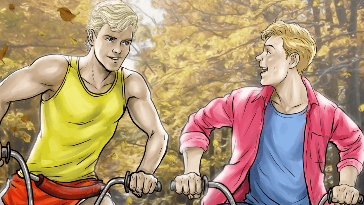 Illustrated cover art for Before You Can Fly by Jase Peeples featuring two teenage boys riding bicycles side by side on a wooded autumn path while smiling at each other