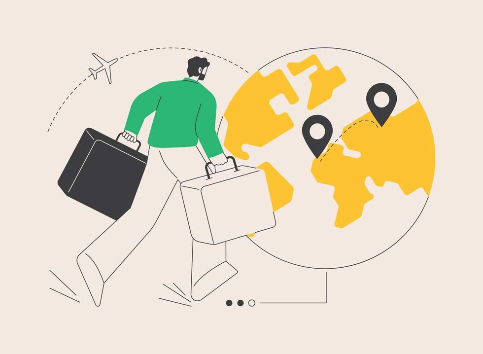 illustration of a man holding suitcases and the world globe in the background