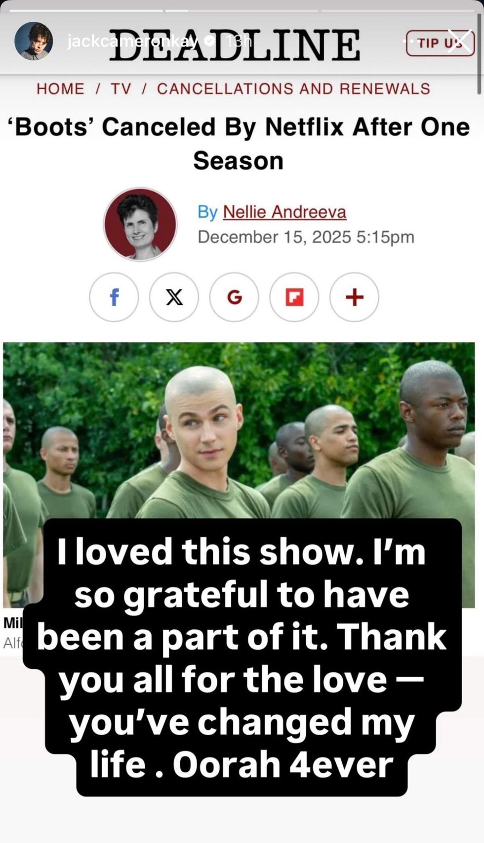 Jack Cameron Kay, who played Joshua Jones on Boots, shared via Instagram Story