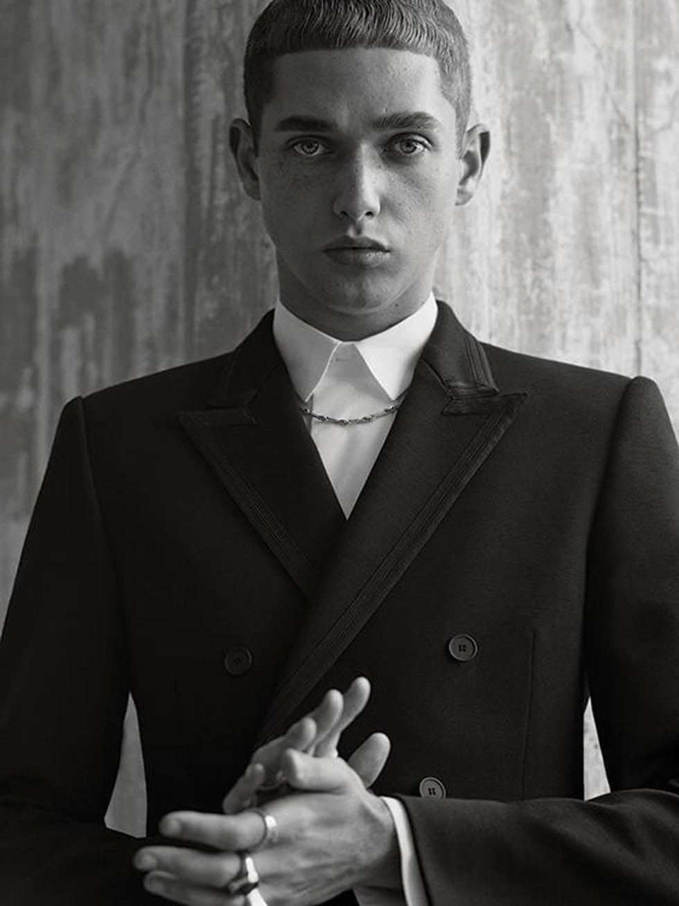 Jacket and shirt by Bottega Veneta. Necklace by David Yurman.