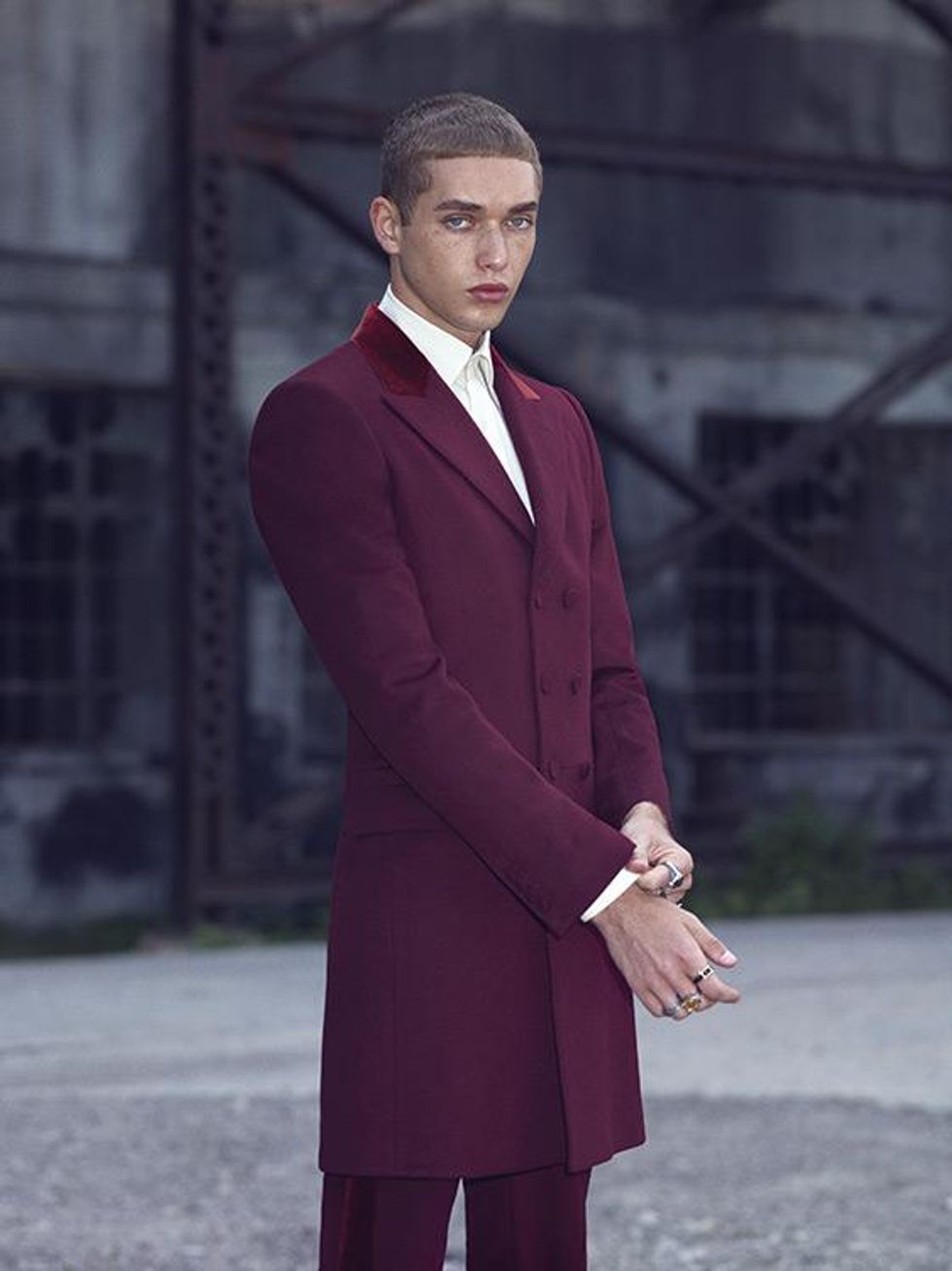 Jacket, shirt, and pants by Alexander McQueen.