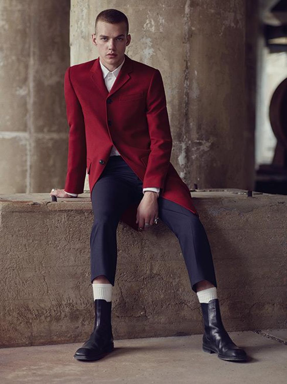 Jacket, shirt, and pants by Valentino. Socks by Champion. Boots by Dries Van Noten