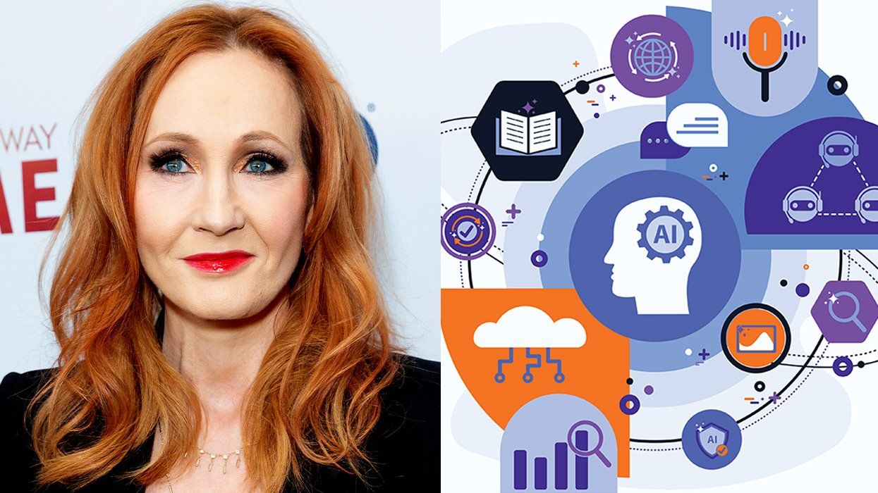 JK Rowling and digital illustration of AI information distribution flow