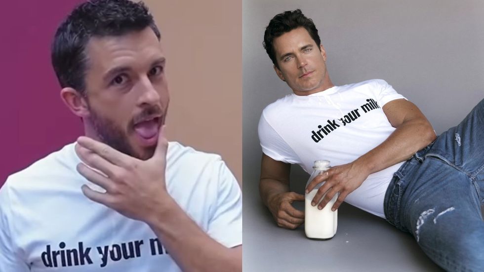 Jonathan Bailey and Matt Bomer wear the Loewe "Drink Your Milk" t-shirt to support The Shameless Fund.