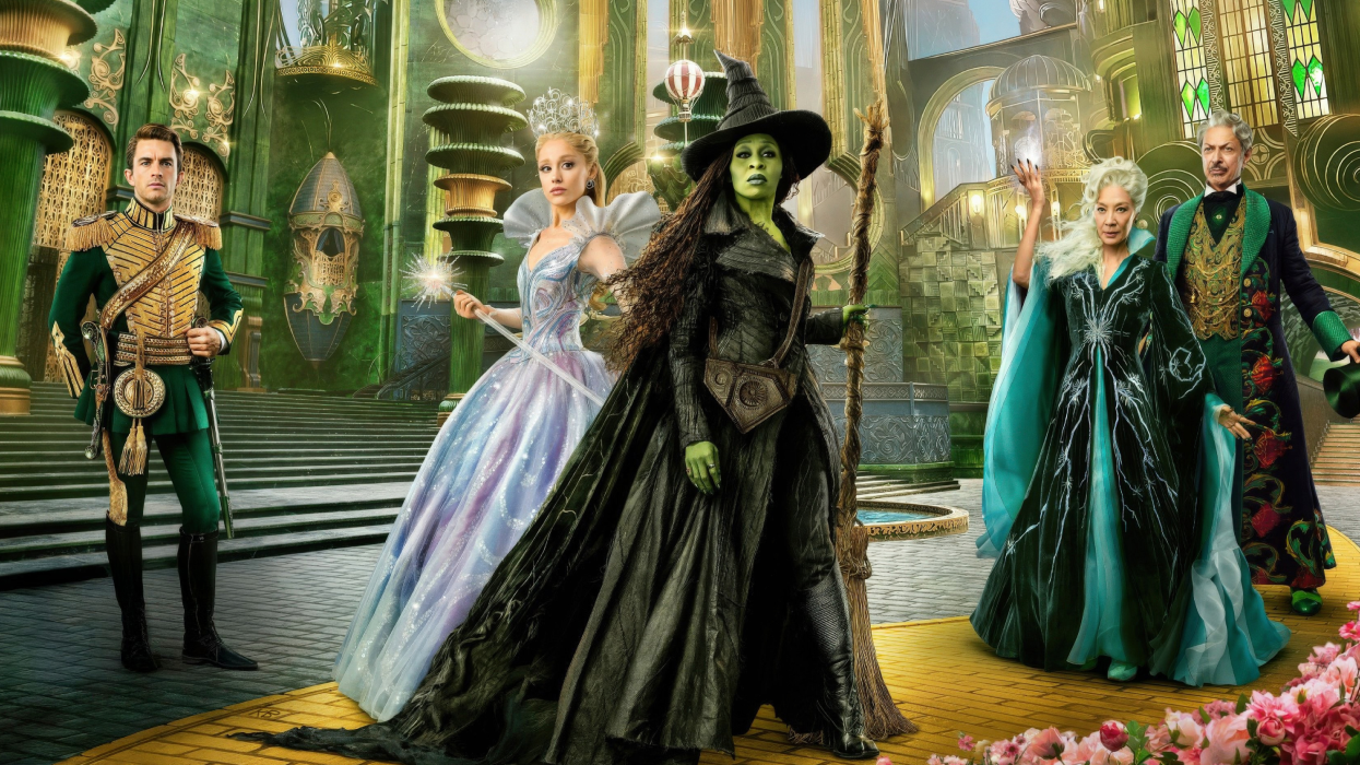 Jonathan Bailey, Ariana Grande, Cynthia Erivo, Michelle Yeoh, and Jeff Goldblum in the official poster of Wicked: For Good