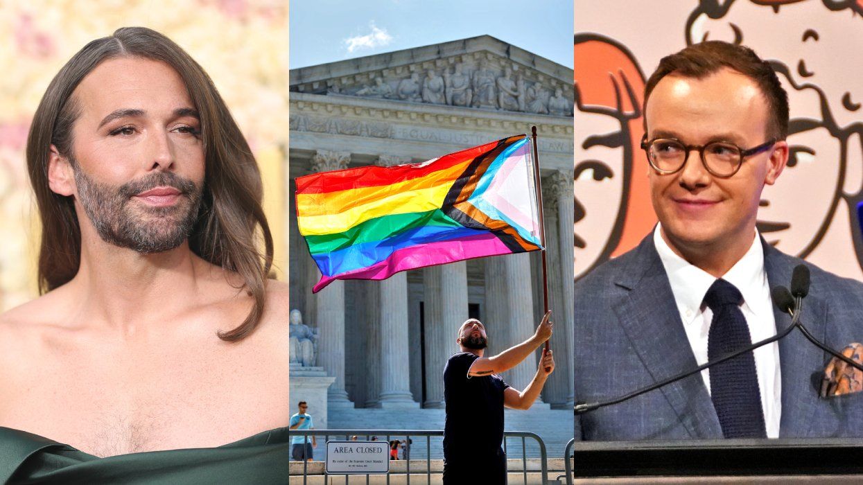 Jonathan Van Ness; Person waves Pride flag in front of the U.S. Supreme Court bulding; Chasten Buttigieg