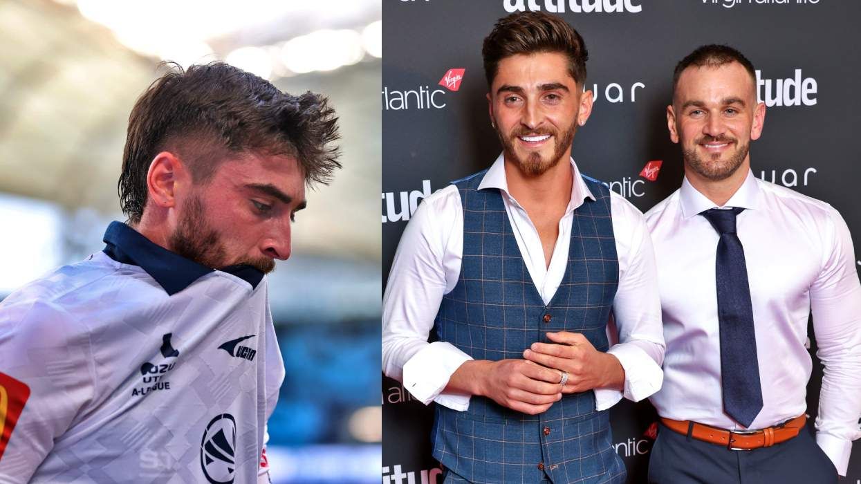 Josh Cavallo during a soccer game playing for Adelaide United FC; Josh Cavallo and partner Leighton Morrell at the Attitude Awards 2025