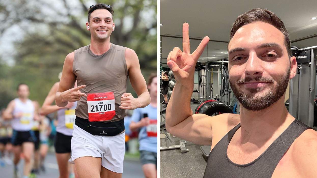 Josh Sorbe running in marathon and Josh Sorbe at the gym