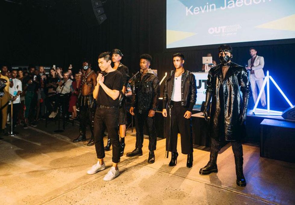 Kevin Jaedon takes the stage at the OUT Fashion Vanguard Awards.