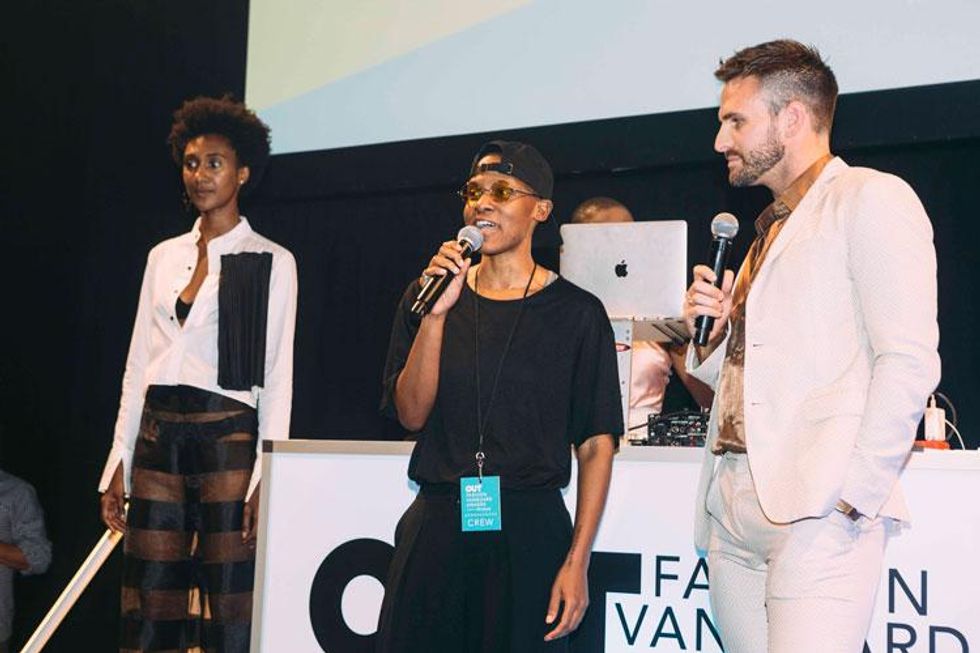 Kris Harring takes the stage at the OUT Fashion Vanguard Awards.