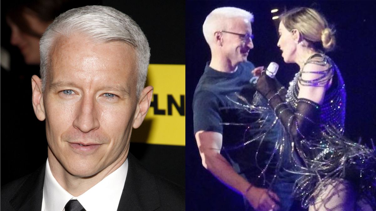 (L) Andeson Cooper and (R) Anderson Cooper dancing on stage with Madonna