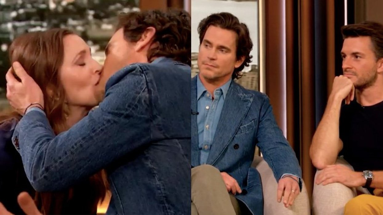 (L) Drew Barrymoor and Matt Bomer kissing, (R) Matt Bomer and Jonathan Bailey