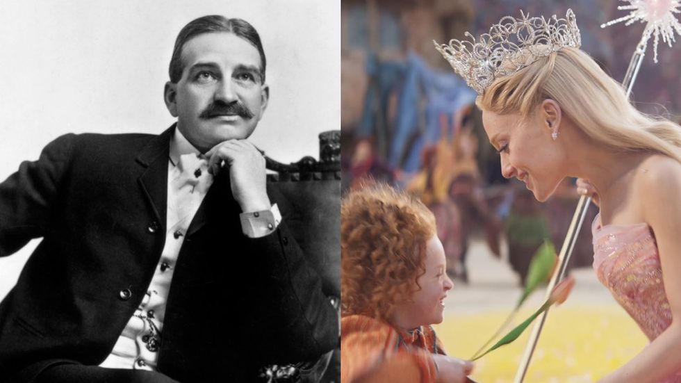 L. Frank Baum in a photo shoot; Ariana Grande in the Wicked movie