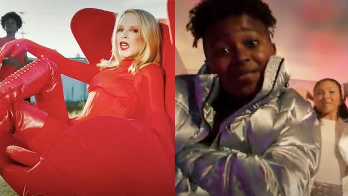 (L) Kylie Minogue in a red chair and (R) Kid in a silver jacket