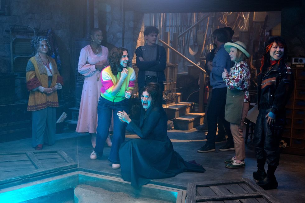 (L-R): Patti LuPone, Sasheer Zamata, Creator/Showrunner/Director/Executive Producer Jac Schaeffer, Kathryn Hahn, Joe Locke, Debra Jo Rupp, and Ali Ahn on the set of Marvel Television's AGATHA ALL ALONG, exclusively on Disney+.