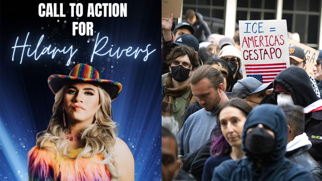 (L-R) San Francisco drag queen Hilary Rivers; 'ICE = America's Gestapo' sign held at rally against deportation in San Francisco on June 2025
