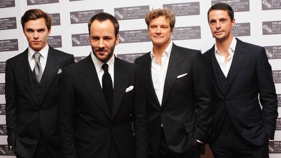 L to R: Actor Nicholas Hoult, director Tom Ford, actor Colin Firth, and actor Matthew Goode arrive for the premiere of 'A Single Man' during the Times BFI 53rd London Film Festival at the Vue West End on October 16, 2009 in London, England.